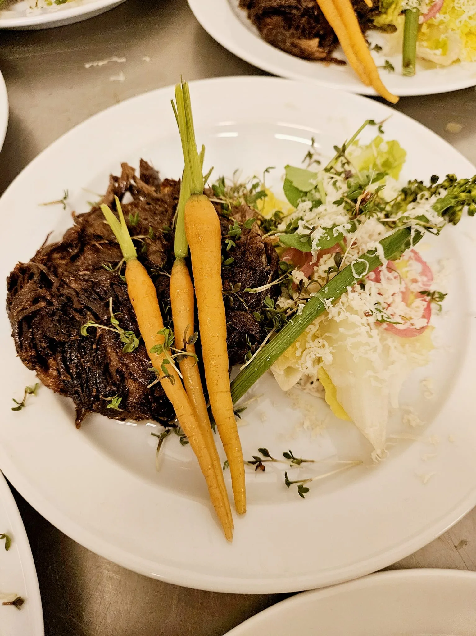 Gourmet plate with beef, carrots, and salad garnish.