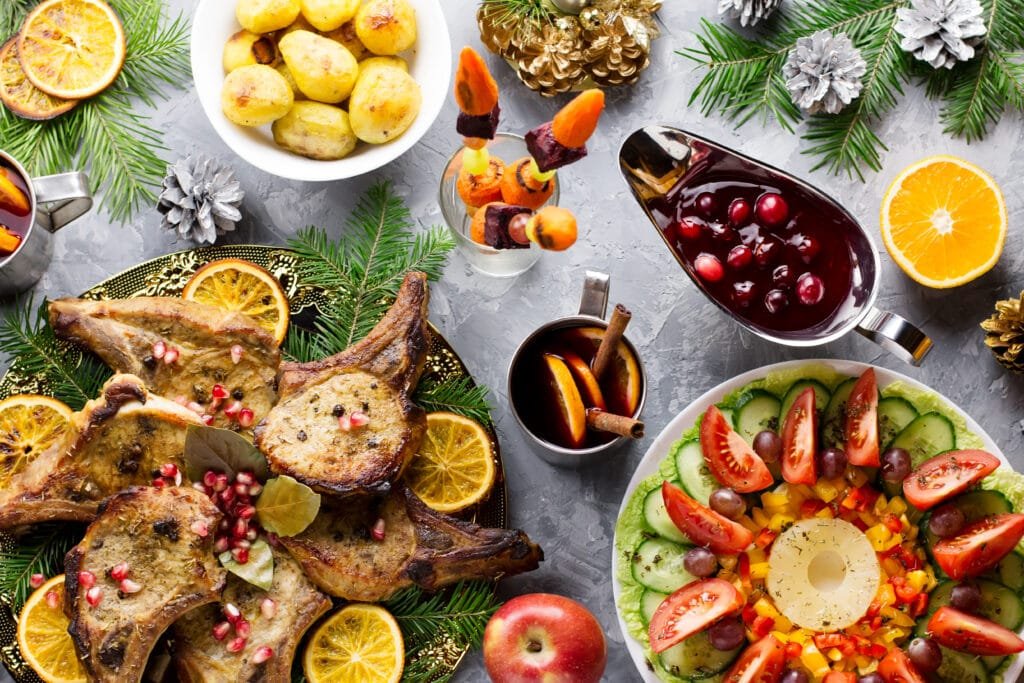 Festive holiday dinner with roast and fresh salad.