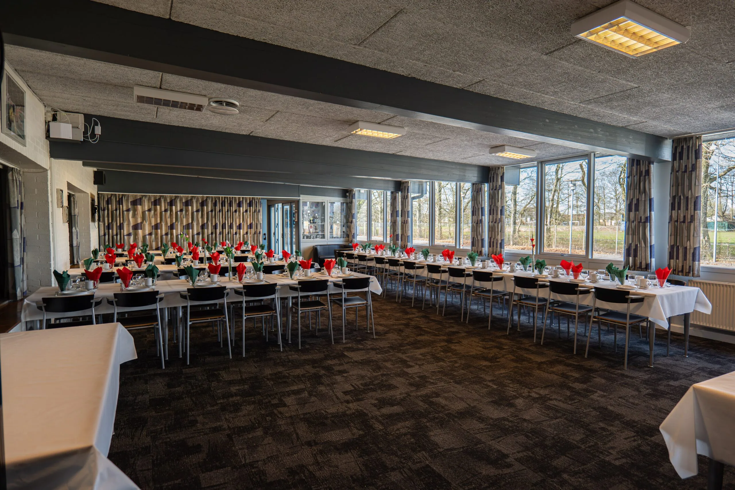 Banquet hall with tables set for event